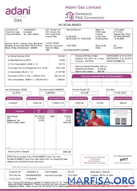 Realistic India Adani utility bill template